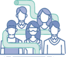 Graphic 5 employees in two rows connected with a hose.